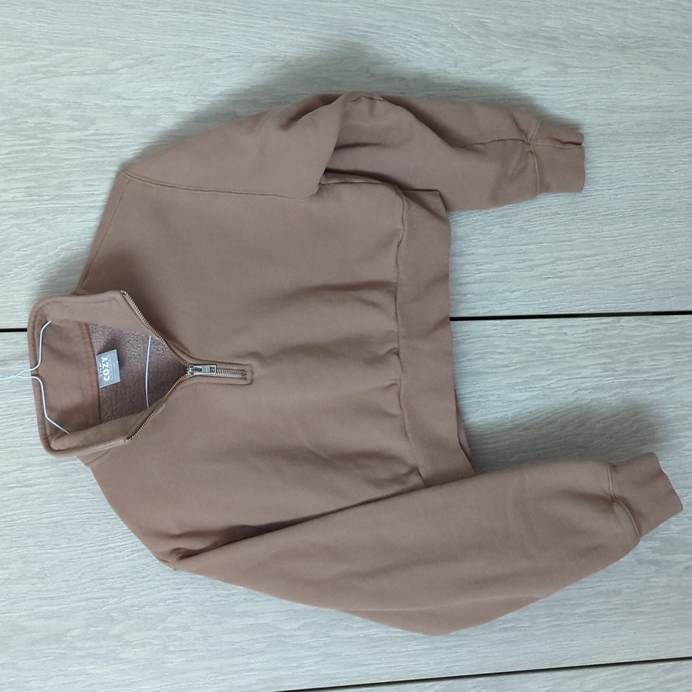 TNA Cozy Fleece Tan/Brown Half-Zip Cropped Sweater S